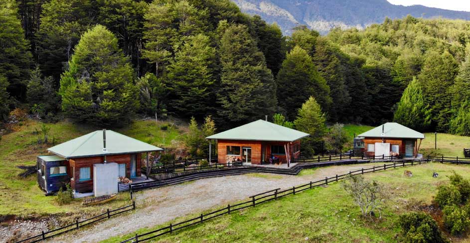 Aerial view of wood construction lodges patagonia chile