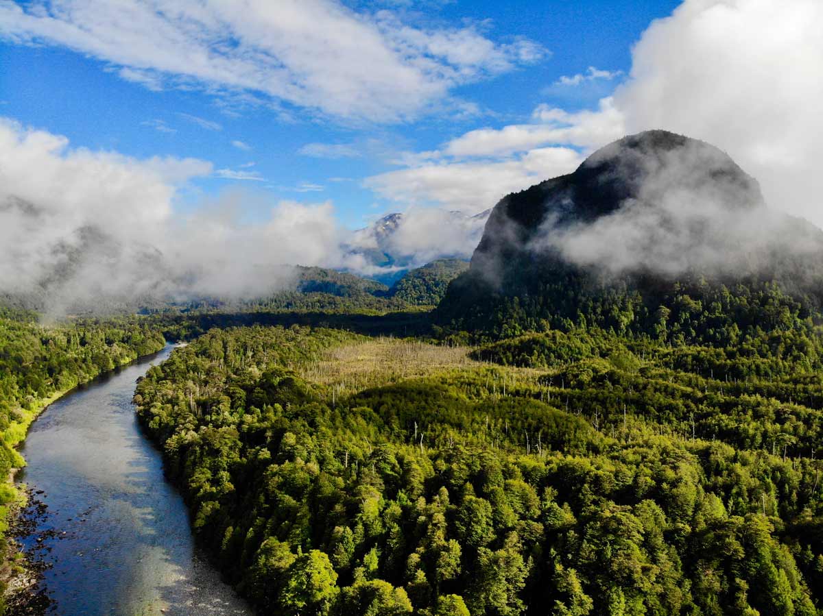 Aerial view of river cisnes in patagonia near glacier Queulat